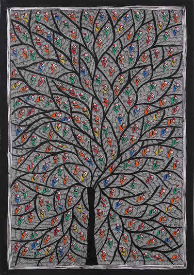 Signed Madhubani Painting of Parrots in a Tree from India
