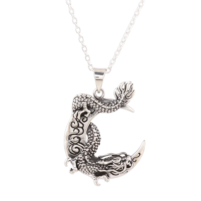 Dragon Crescent Sterling Silver Pendant Necklace from India