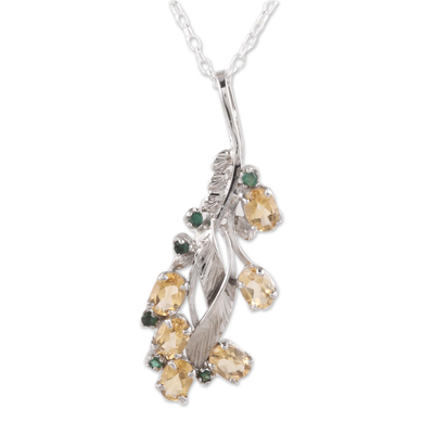 Rhodium Plated Citrine and Emerald Pendant Necklace