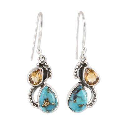 Citrine and Composite Turquoise Teardrop Dangle Earrings