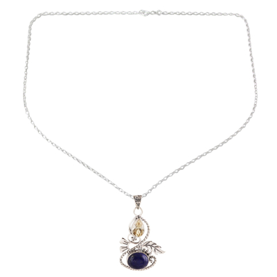 Leafy Citrine and Lapis Lazuli Pendant Necklace from India