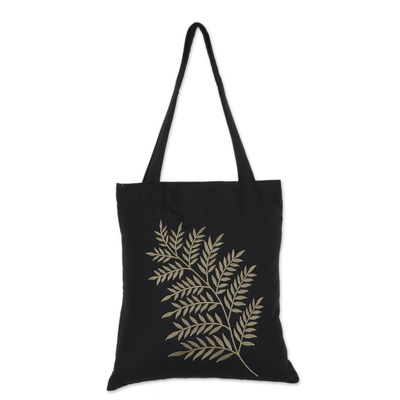 Frond Motif Cotton Shoulder Bag in Sage and Black from India