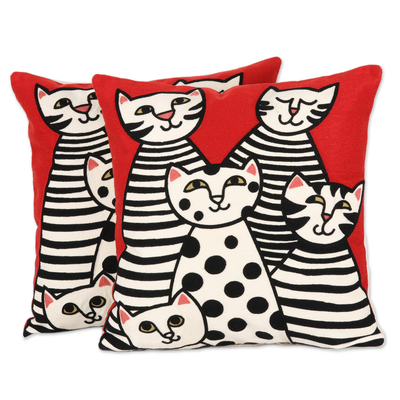 Cat-Themed Embroidered Cotton Cushion Covers (Pair)