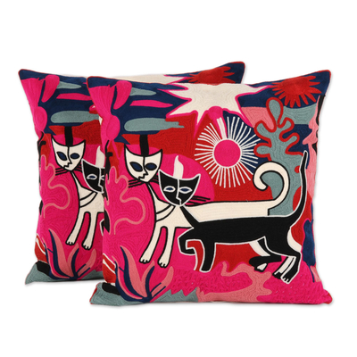 Cat Embroidered Cotton Cushion Covers from India (Pair)