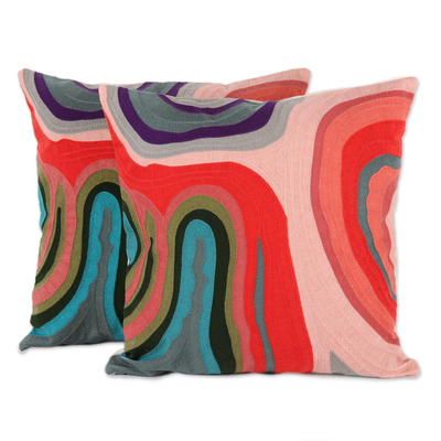 Abstract Embroidered Cotton Cushion Covers from India (Pair)