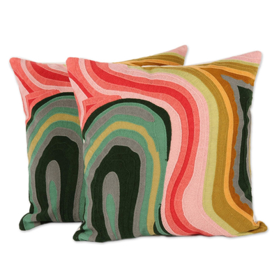 Colorful Abstract Embroidered Cotton Cushion Covers (Pair)