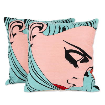 Comic Book-Style Embroidered Cotton Cushion Covers (Pair)