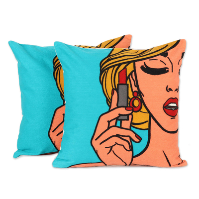 Embroidered Cotton Cushion Covers of a Woman (Pair)
