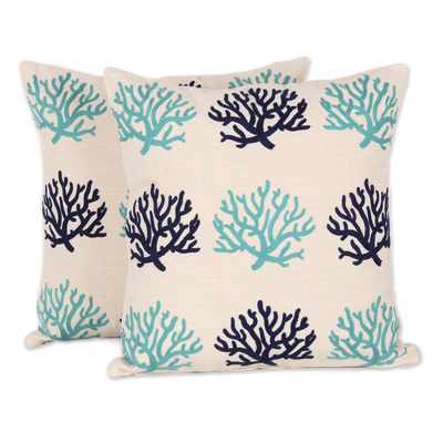 Coral-Themed Embroidered Cotton Cushion Covers (Pair)