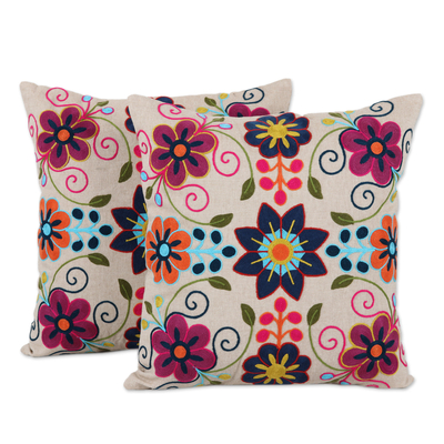 Colorful Floral Cotton Cushion Covers from India (Pair)