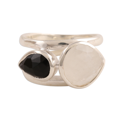 Rainbow Moonstone and Onyx Teardrop Cocktail Ring from India