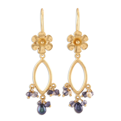 Floral Cultured Pearl and Iolite Dangle Earrings