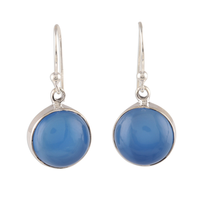 Round Blue Chalcedony Dangle Earrings Crafted in India