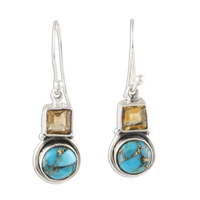 Square Citrine and Composite Turquoise Dangle Earrings