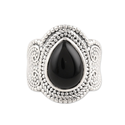 Patterned Teardrop Onyx Cocktail Ring from India