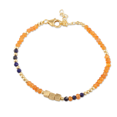 Gold Plated Orange Onyx and Lapis Lazuli Beaded Bracelet