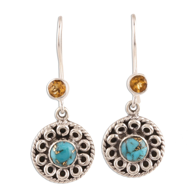 Circular Citrine and Composite Turquoise Dangle Earrings