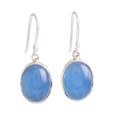 Oval Blue Chalcedony Dangle Earrings from India