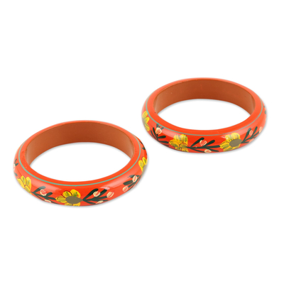 Floral Haldu Wood Bangle Bracelets in Vermilion (Pair)
