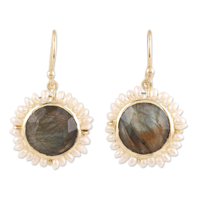 Labradorite and Cultured Pearl Dangle Earrings from India