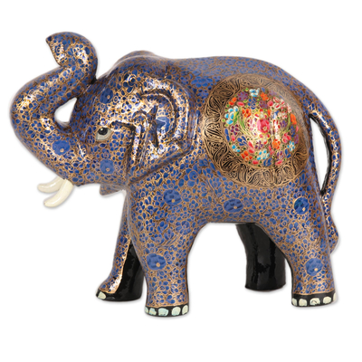Floral Blue Papier Mache Elephant Sculpture from India