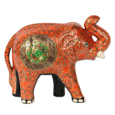 Orange Floral Papier Mache Elephant Sculpture from India