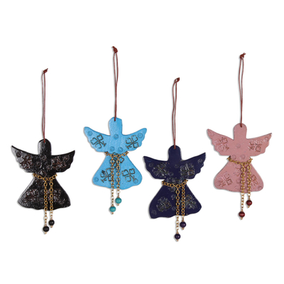 Assorted Mango Wood Angel Ornaments from India (Set of 4)