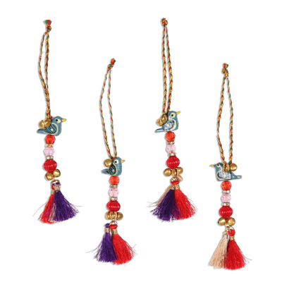 Bird-Themed Wood Beaded Ornaments from India (Set of 4)