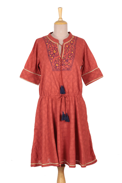 Floral Embroidered Cotton A-Line Dress in Paprika from India