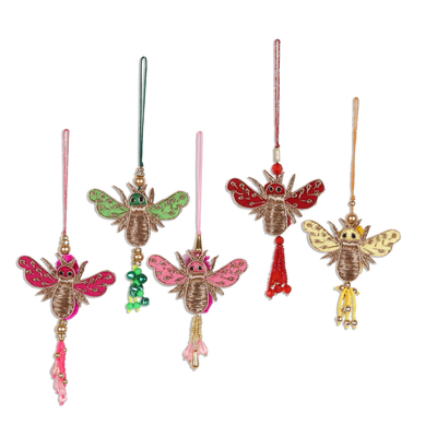 Assorted Beaded Bee Ornaments from India (Set of 5)