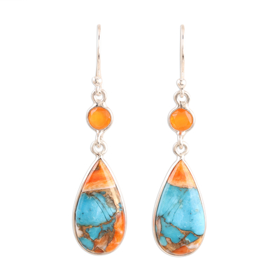 Carnelian and Composite Turquoise Dangle Earrings from India