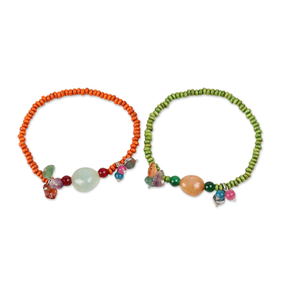 Quartz and Wood Beaded Stretch Bracelets from India (Pair)