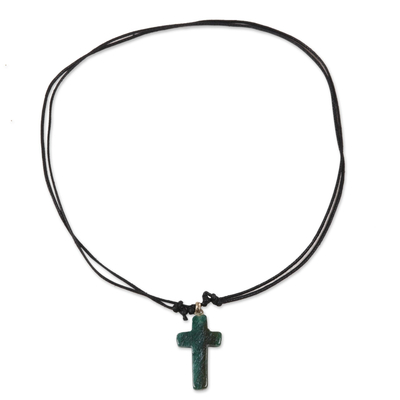 Green Agate Cross Pendant Necklace Crafted in India