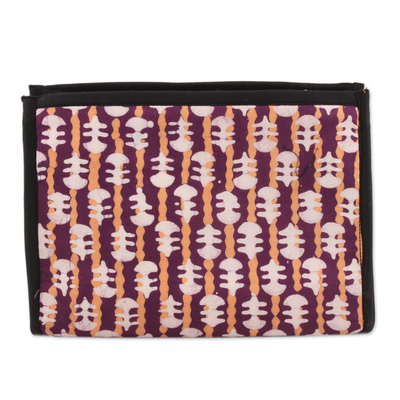 Eggplant and Straw Striped Batik Cotton Clutch from India