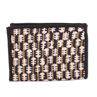 Black and Sand Striped Batik Cotton Clutch from India