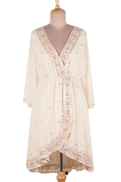 Ivory Beaded Polyester Wrap-Style Dress