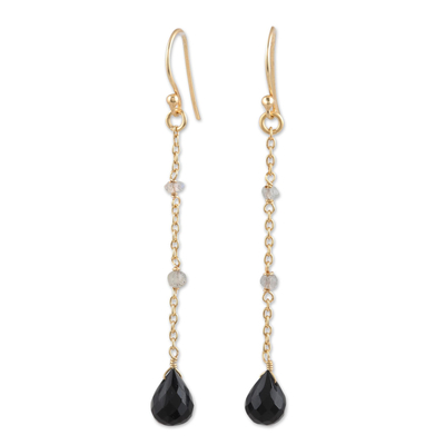 Gold Plated Onyx and Labradorite Dangle Earrings from India