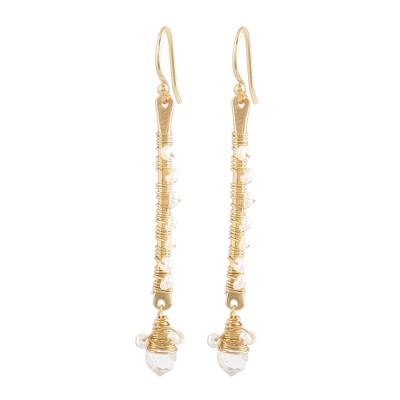 Gold Plated Quartz and Cultured Pearl Beaded Dangle Earrings