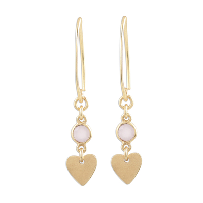 Gold Plated Rose Quartz Heart Dangle Earrings from India
