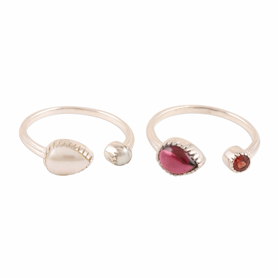 Garnet and Cultured Pearl Wrap Rings from India (Pair)