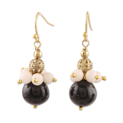 Onyx and Moonstone Beaded Dangle Earrings from India