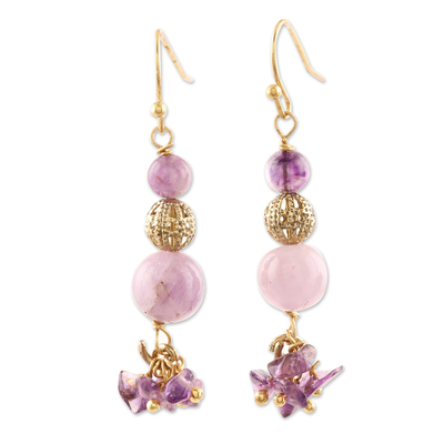 Pink and Purple Quartz Beaded Dangle Earrings from India