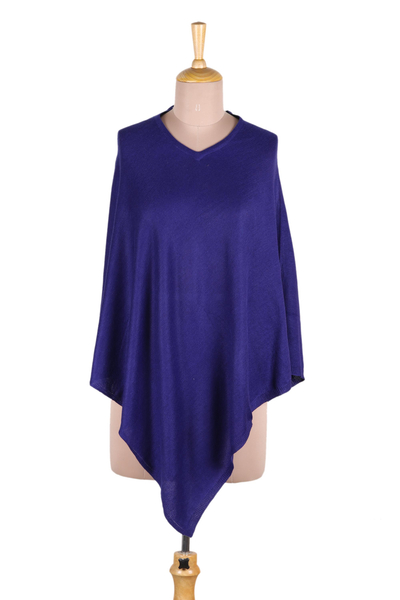 Indian Cashmere Wool Knitted Cobalt Blue Poncho