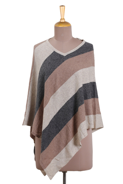 Stripe Pattern Knit Wool Poncho from India