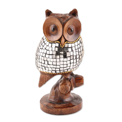 Wood and Glass Owl Sculpture from India (6 Inch)