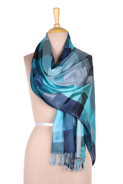 Viscose Shawl with Blue Patterns from India