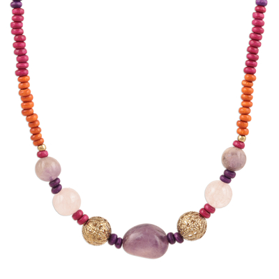 Colorful Quartz and Wood Beaded Long Necklace from India