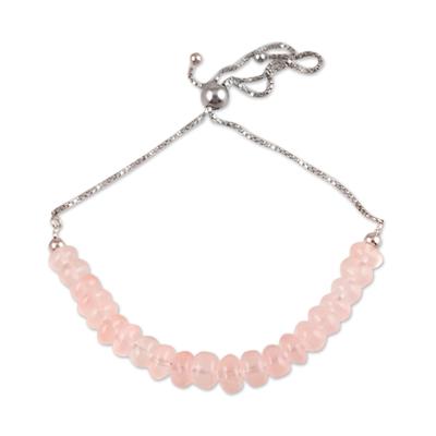 Rhodium Plated Rose Quartz Beaded Bracelet from India