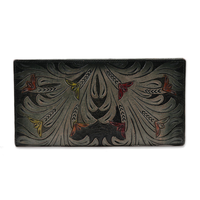 Floral Pattern Green Leather Wallet Crafted in India