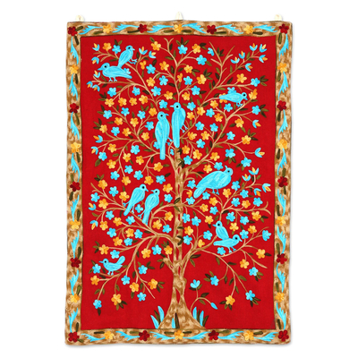 Bird-Themed Wool Chain Stitch Tapestry from India
